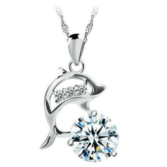 Silver Dolphin Simulated Diamond Necklace - Picture 2 of 4